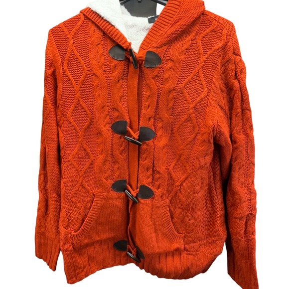 Dokotoo Women's XL Orange Cable Knit Hooded Toggle Front Cardigan Sweater - Picture 1 of 6